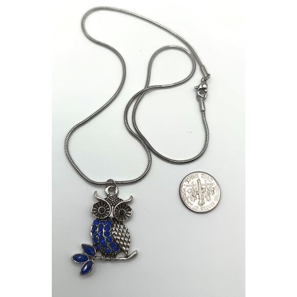 Stainless Steel Blue Crystal Owl Pendant Necklace 18" Handmade - Picture 3 of 3